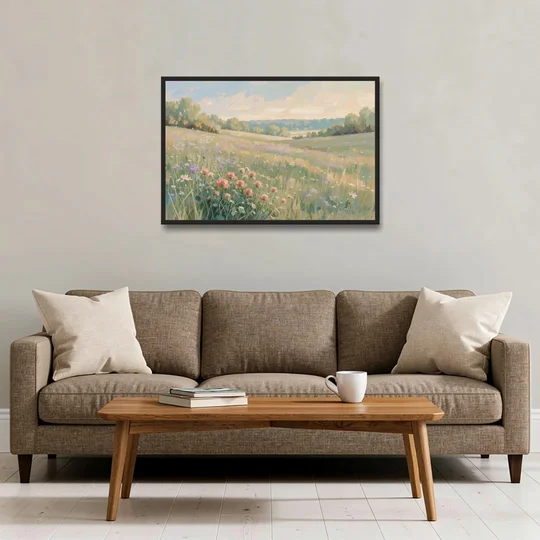 Meadow Landscape Painting with Coral Wildflowers - Black Framed Canvas Wall Art - Sofa - 36x24
