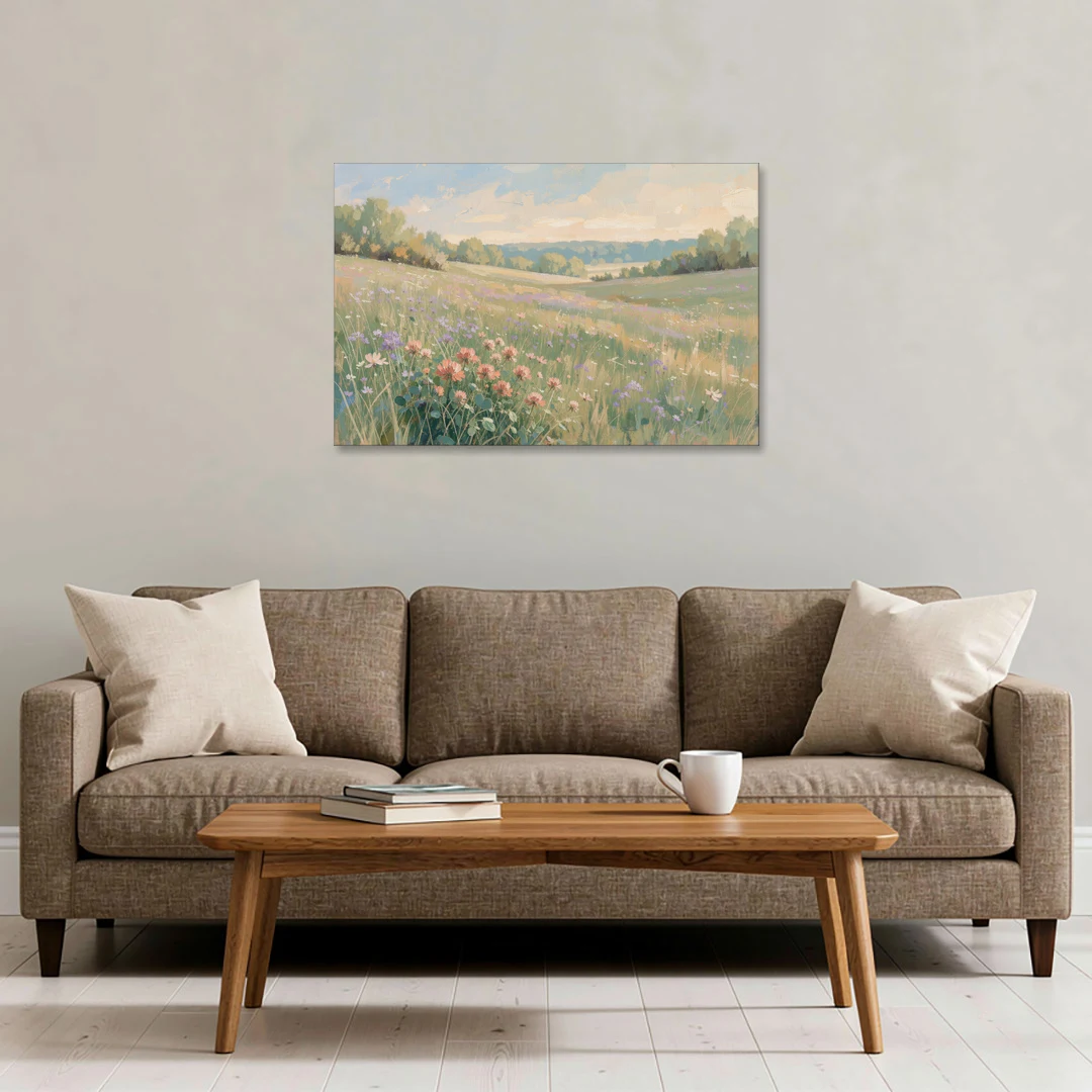 Meadow Landscape Painting with Coral Wildflowers - Canvas Wall Art - Sofa - 36x24