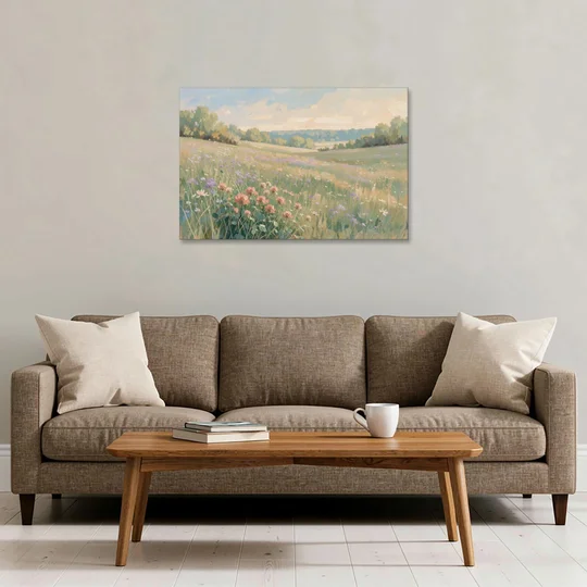 Meadow Landscape Painting with Coral Wildflowers - Canvas Wall Art - Sofa - 36x24