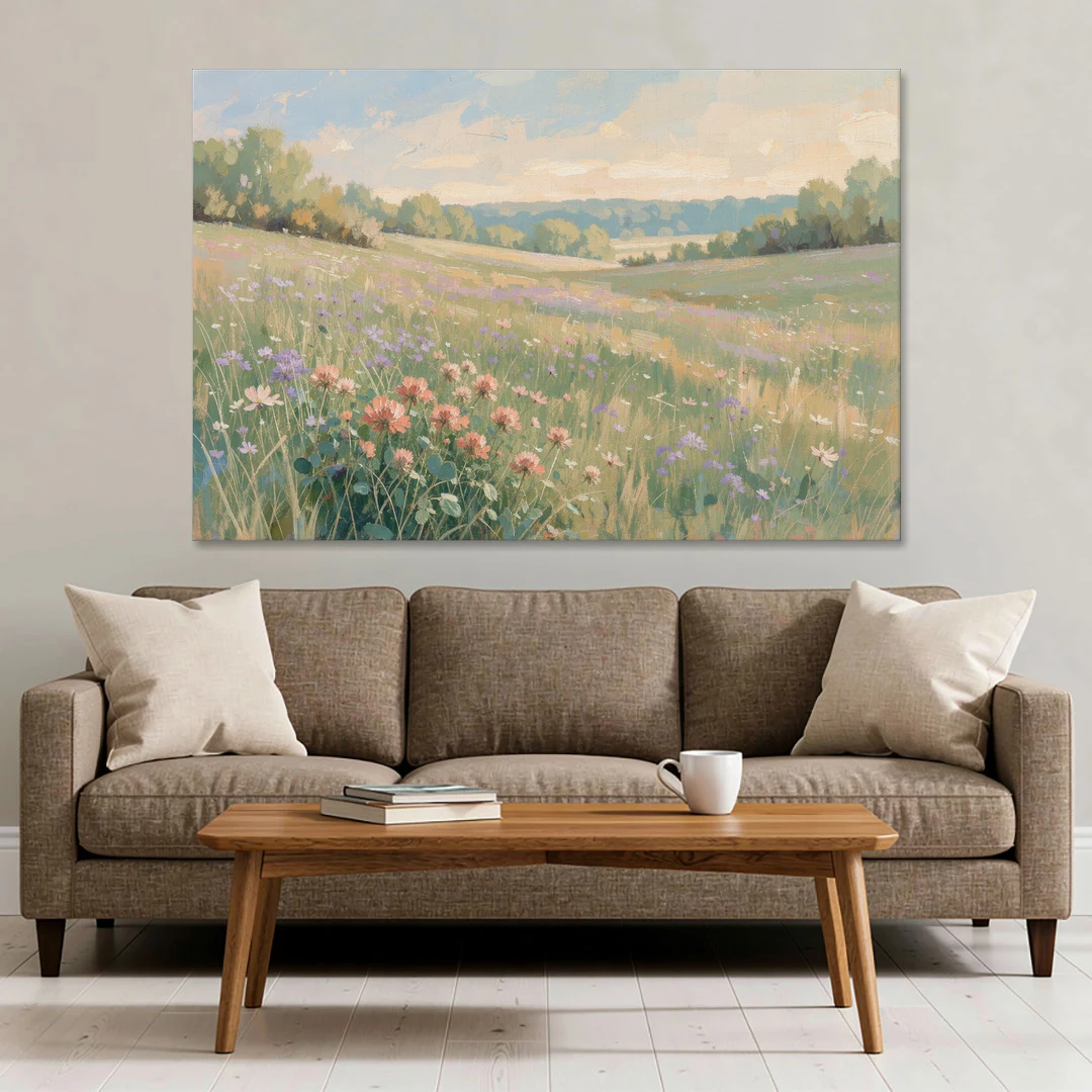 Meadow Landscape Painting with Coral Wildflowers - Canvas Wall Art - Sofa - 60x40