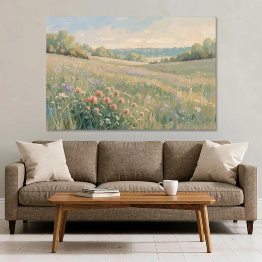 Meadow Landscape Painting with Coral Wildflowers - Canvas Wall Art - Sofa - 60x40