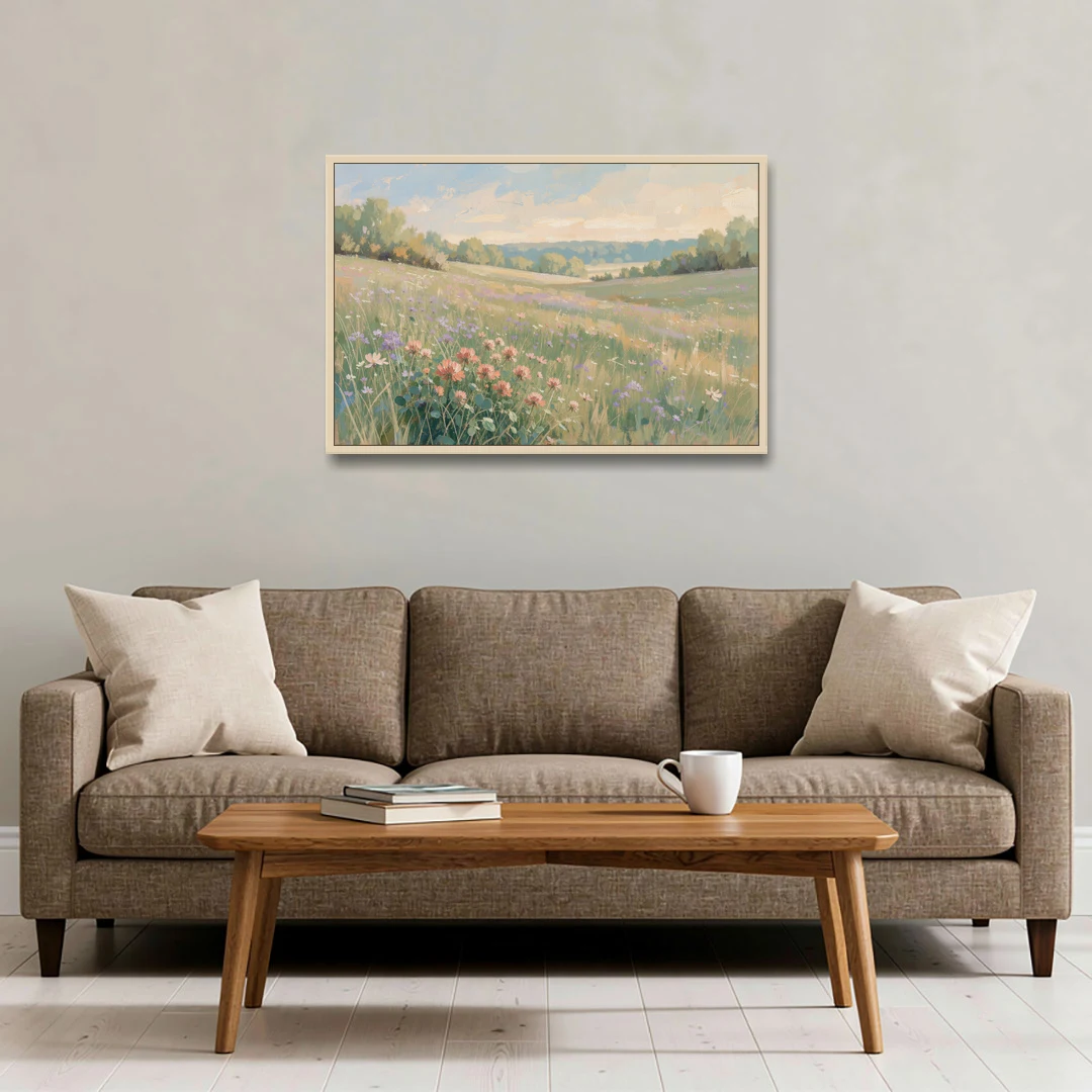 Meadow Landscape Painting with Coral Wildflowers - Oak Framed Canvas Wall Art - Sofa - 36x24