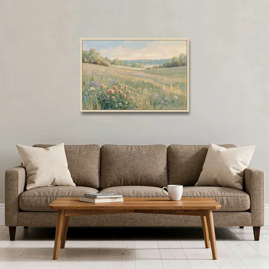 Meadow Landscape Painting with Coral Wildflowers - Oak Framed Canvas Wall Art - Sofa - 36x24