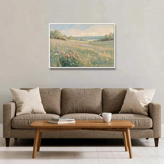 Meadow Landscape Painting with Coral Wildflowers - White Framed Canvas Wall Art - Sofa - 36x24