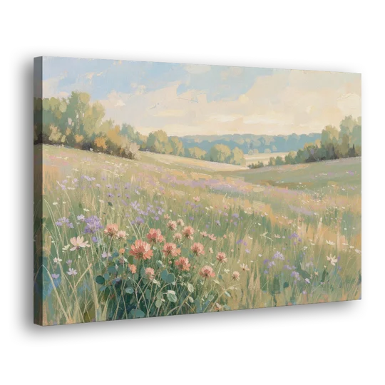 Meadow Landscape Painting with Coral Wildflowers - Canvas Wall Art - Side