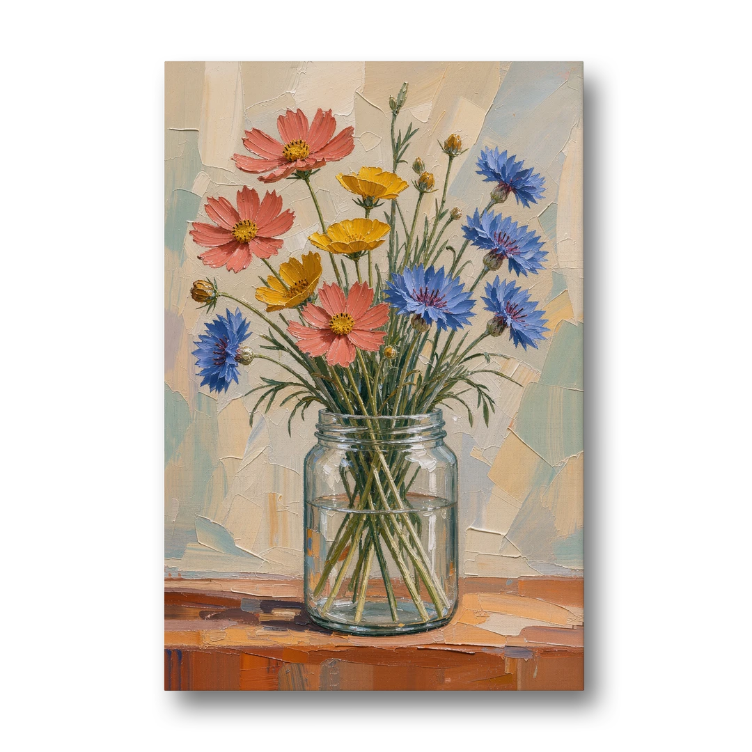 Meadow Wildflowers in a Clear Glass Jar - Canvas Wall Art - Front