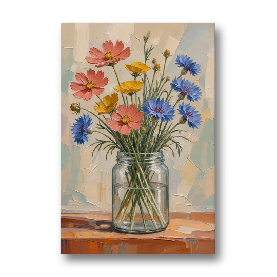 Meadow Wildflowers in a Clear Glass Jar - Canvas Wall Art - Front