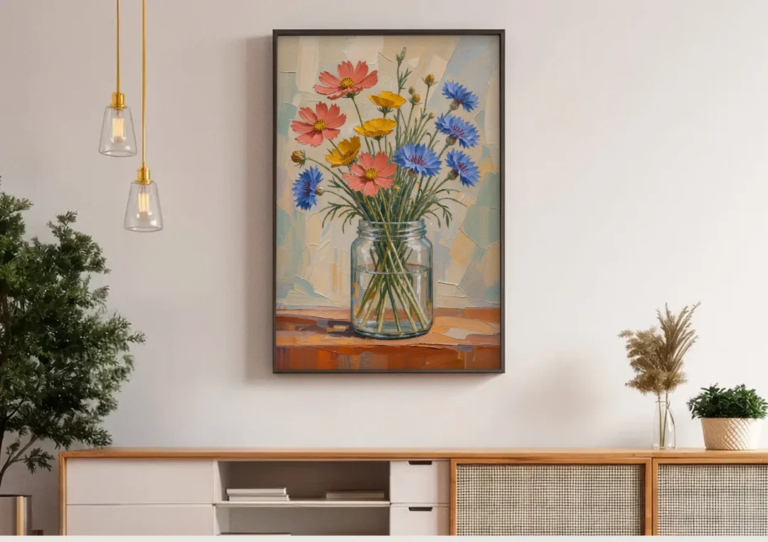 Meadow Wildflowers in a Clear Glass Jar canvas wall art above a wooden sideboard under pendant lights