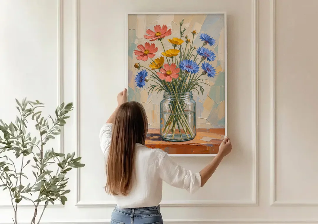 Meadow Wildflowers in a Clear Glass Jar canvas wall art being hung on a paneled wall