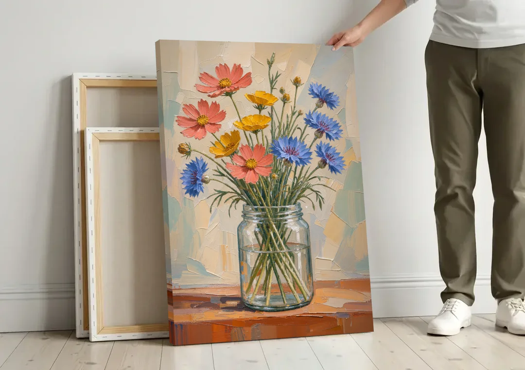 Meadow Wildflowers in a Clear Glass Jar canvas wall art leaning against a wall next to blank canvases