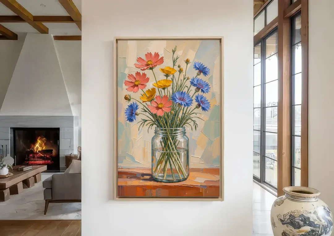 Meadow Wildflowers in a Clear Glass Jar canvas wall art in a living room with a fireplace