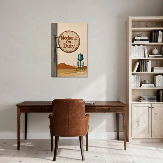 Mechanic Shop Decor with a Desert Water Tower - Canvas Wall Art - Office - 24x36