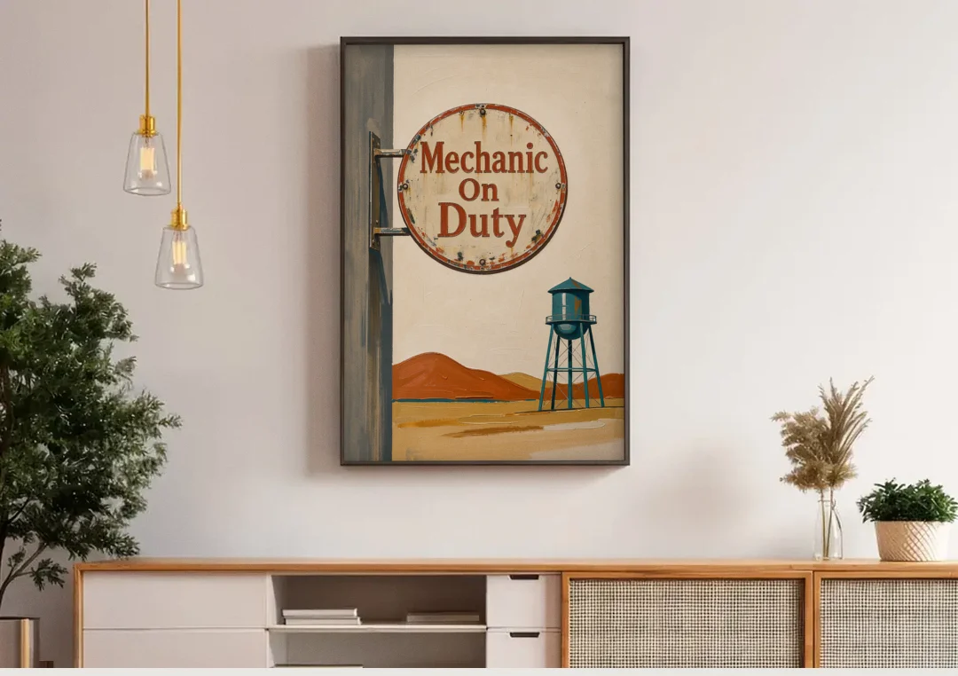 Mechanic Shop Decor with a Desert Water Tower canvas wall art above a wooden sideboard under pendant lights