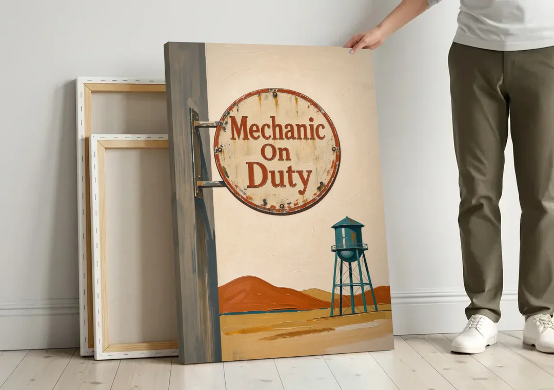 Mechanic Shop Decor with a Desert Water Tower canvas wall art leaning against a wall next to blank canvases