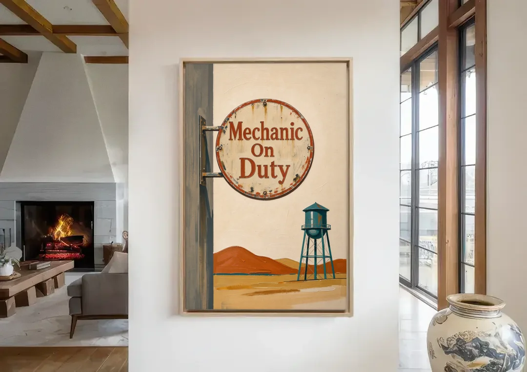 Mechanic Shop Decor with a Desert Water Tower canvas wall art in a living room with a fireplace