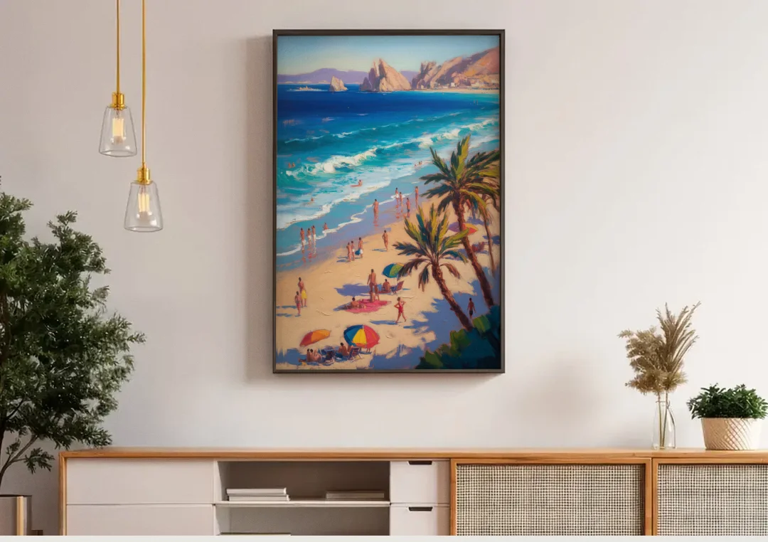 Medano Beach View canvas wall art above a wooden sideboard under pendant lights