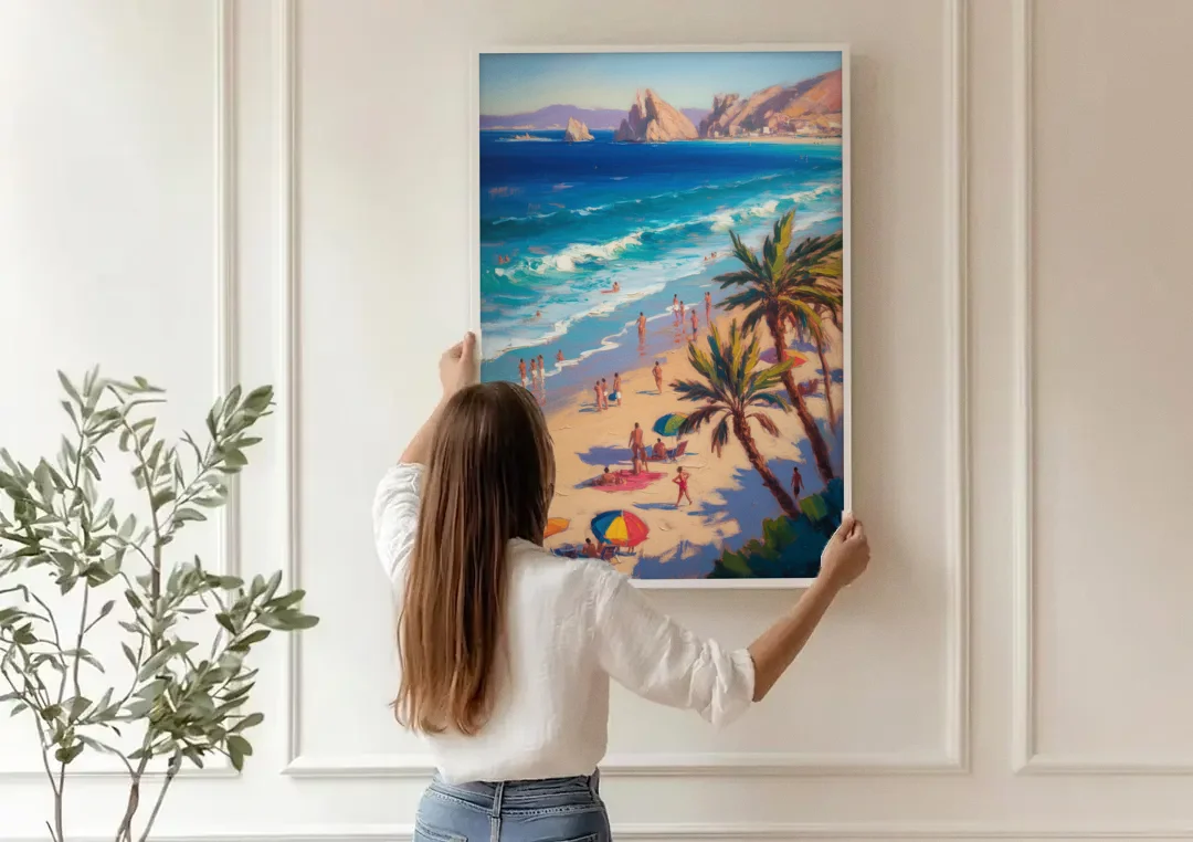 Medano Beach View canvas wall art being hung on a paneled wall