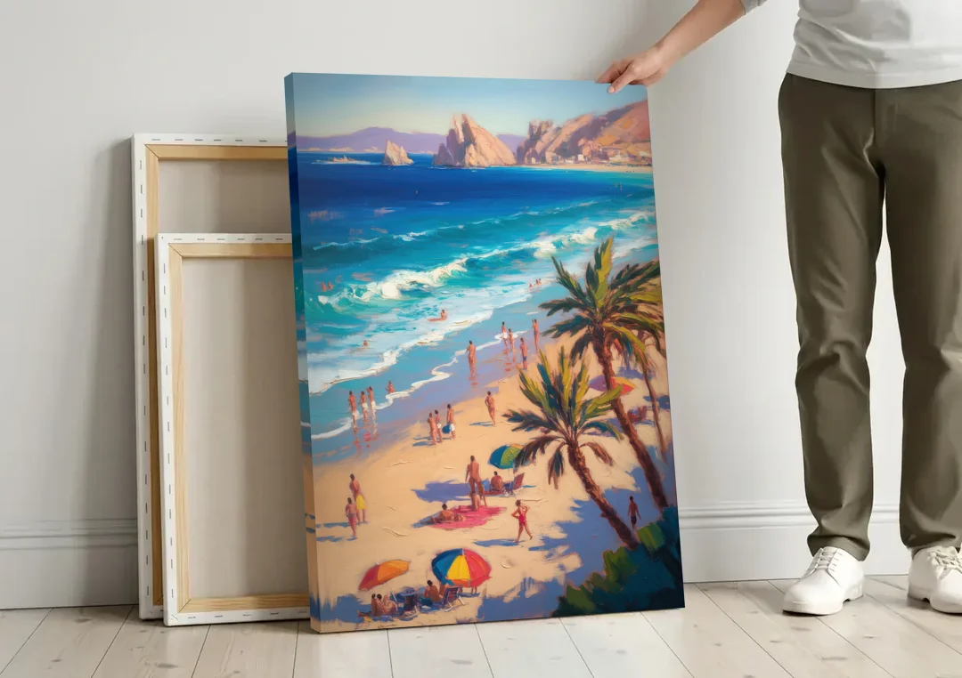 Medano Beach View canvas wall art leaning against a wall next to blank canvases