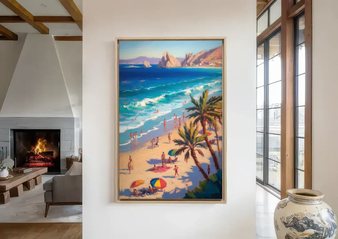 Medano Beach View canvas wall art in a living room with a fireplace
