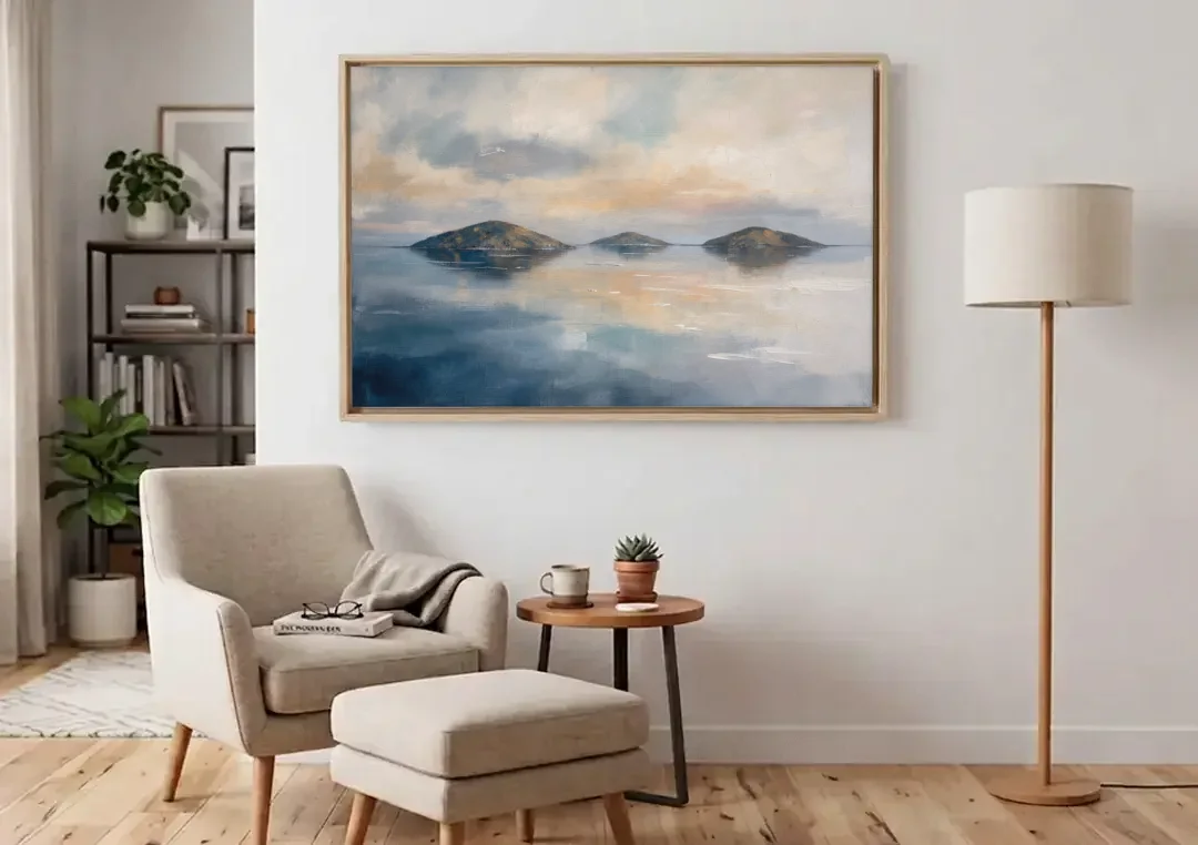 Medical Office Wall Art of Islands at Dusk canvas wall art above an armchair in a bright living room