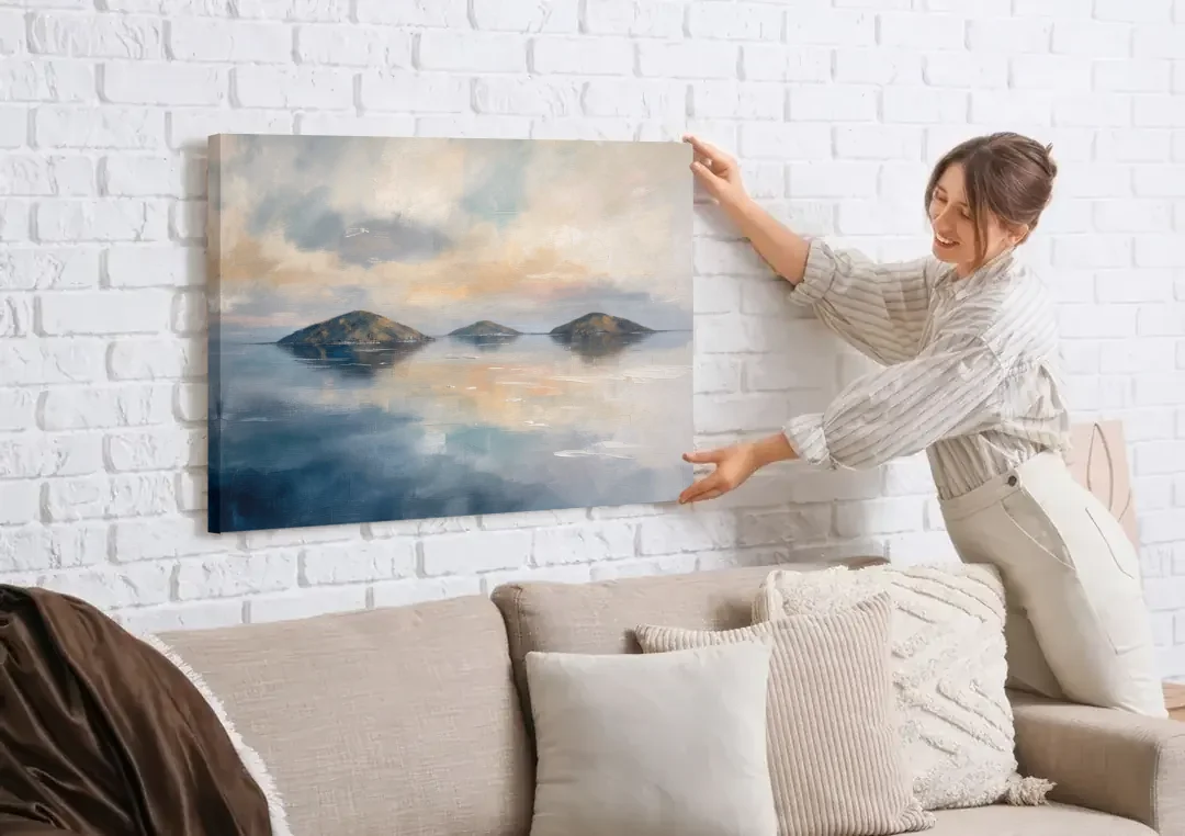 Medical Office Wall Art of Islands at Dusk canvas wall art being hung on a white brick wall above a sofa