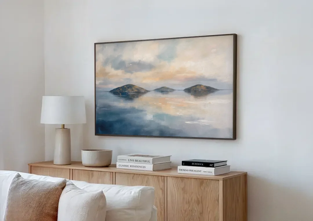 Medical Office Wall Art of Islands at Dusk canvas wall art above a wooden sideboard next to a sofa