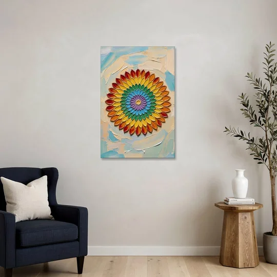 Meditation Wall Art Petal Mandala in Chakra Colors - Canvas Wall Art - Sofa - 24x36
