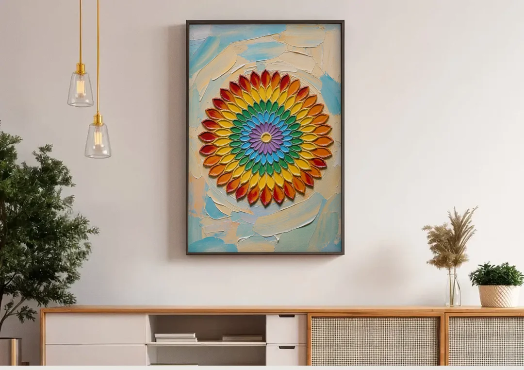 Meditation Wall Art Petal Mandala in Chakra Colors canvas wall art above a wooden sideboard under pendant lights