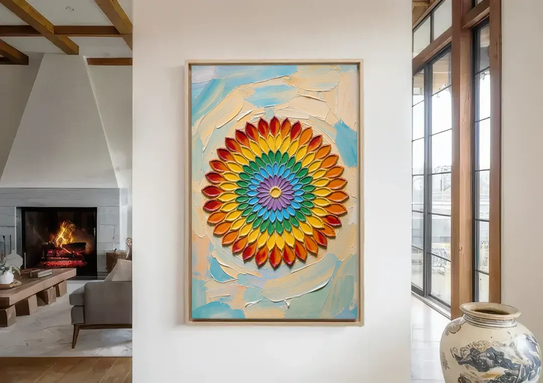 Meditation Wall Art Petal Mandala in Chakra Colors canvas wall art in a living room with a fireplace