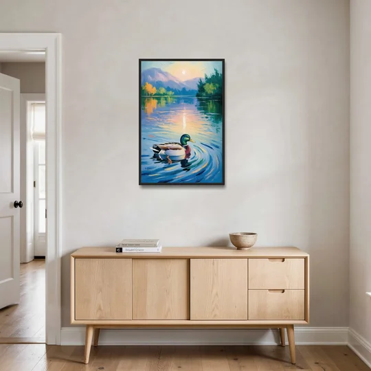 Meditative Mallard Moment - Black Framed Canvas Wall Art - Coffee Table - 24x36