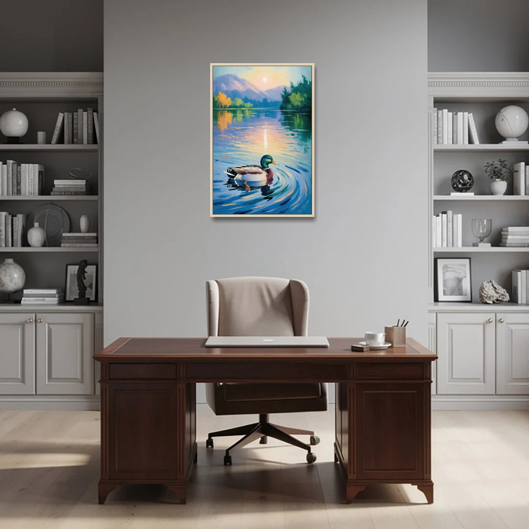 Meditative Mallard Moment - Oak Framed Canvas Wall Art - Office - 24x36