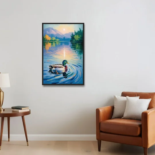 Meditative Mallard Moment - Black Framed Canvas Wall Art - Sofa - 24x36