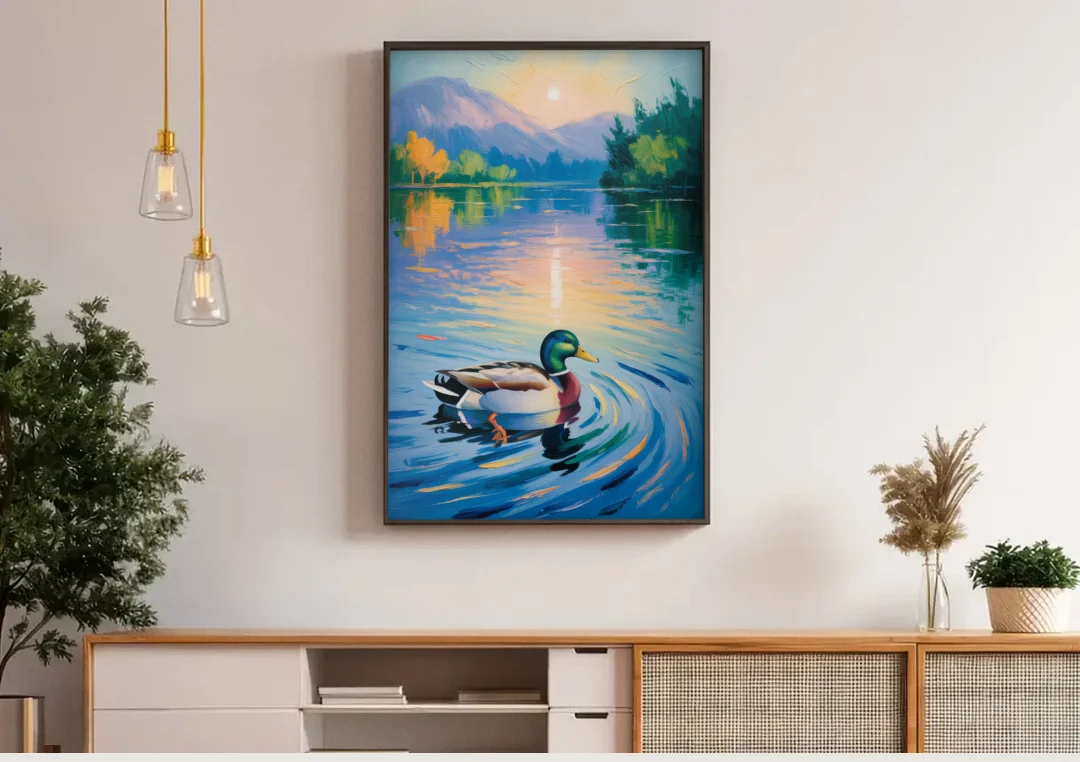 Meditative Mallard Moment canvas wall art above a wooden sideboard under pendant lights