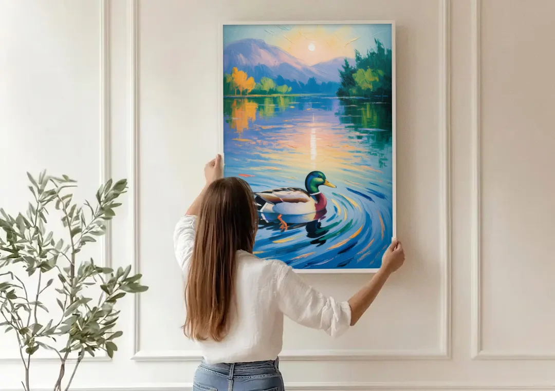 Meditative Mallard Moment canvas wall art being hung on a paneled wall