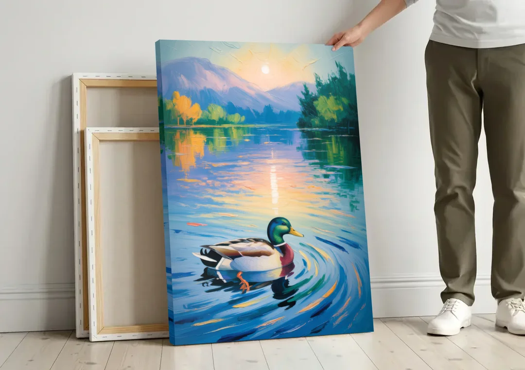 Meditative Mallard Moment canvas wall art leaning against a wall next to blank canvases