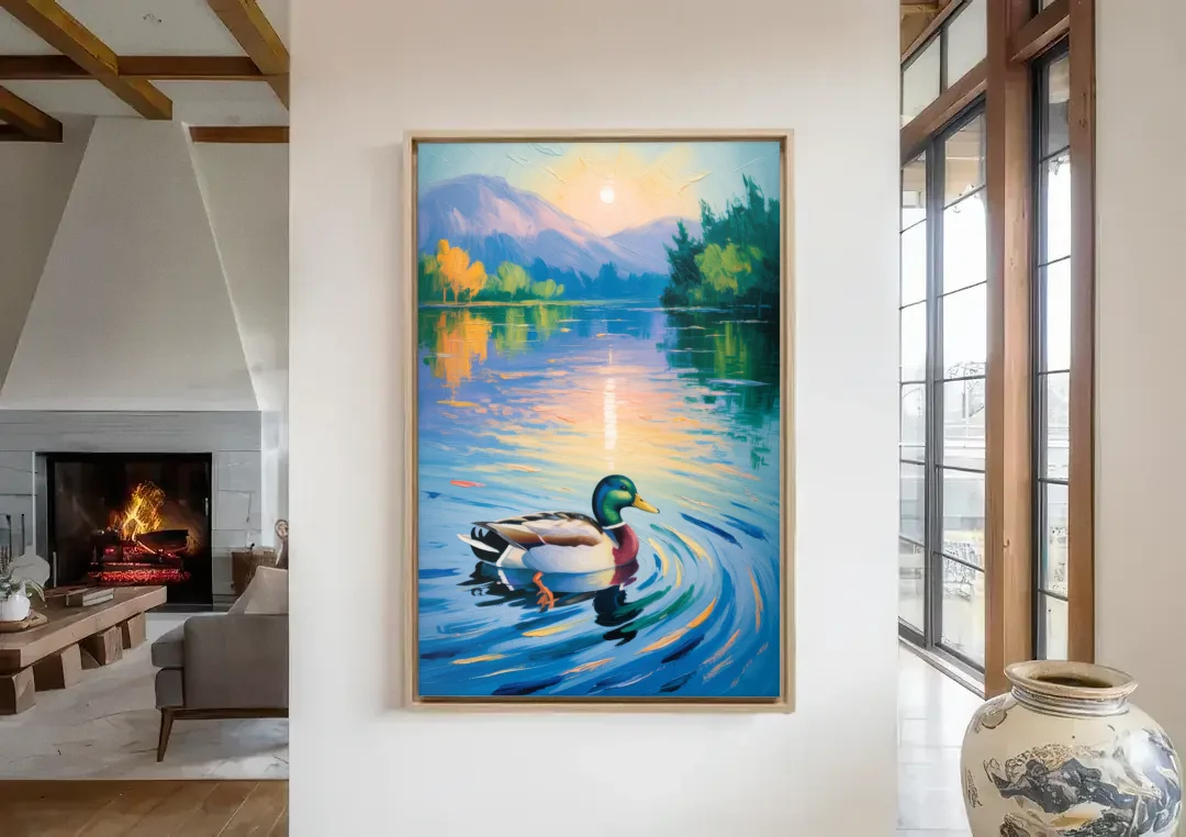 Meditative Mallard Moment canvas wall art in a living room with a fireplace