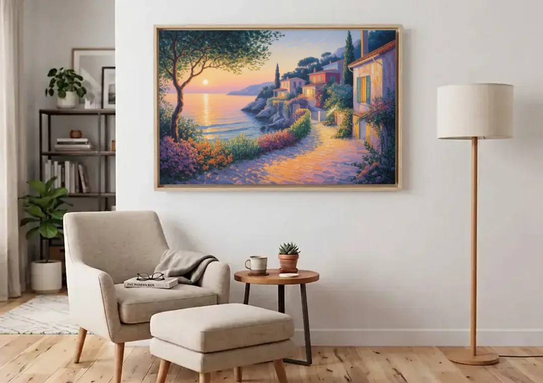 Mediterranean Glow canvas wall art above an armchair in a bright living room