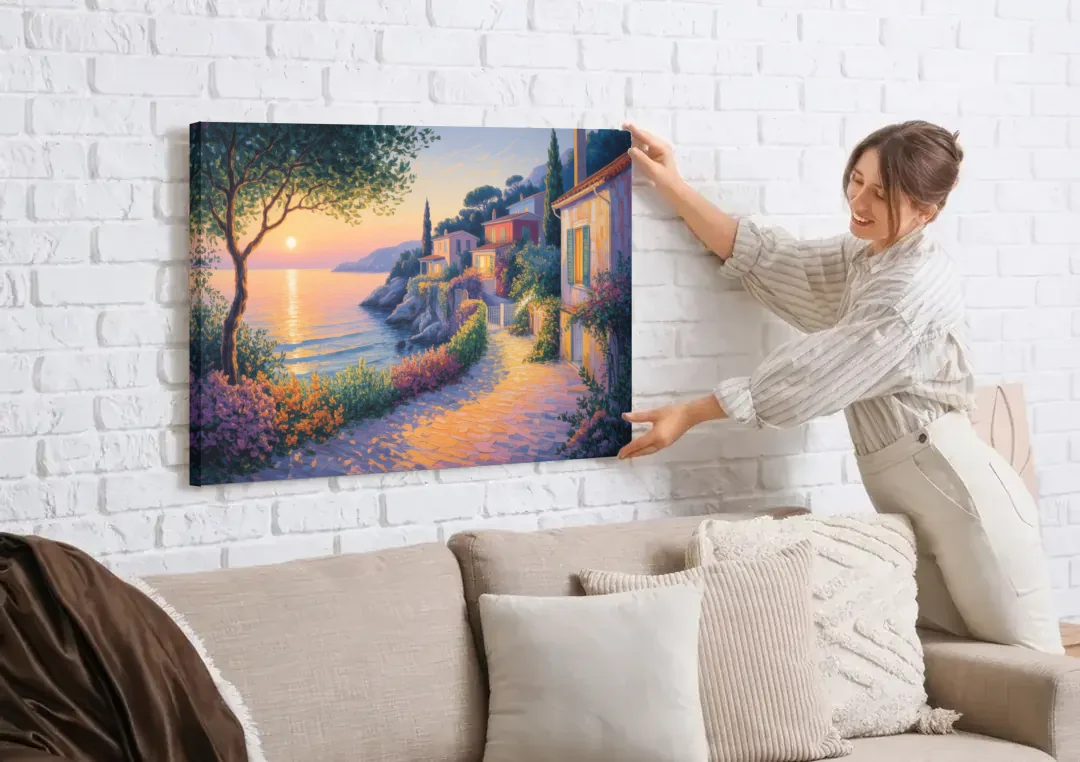 Mediterranean Glow canvas wall art being hung on a white brick wall above a sofa