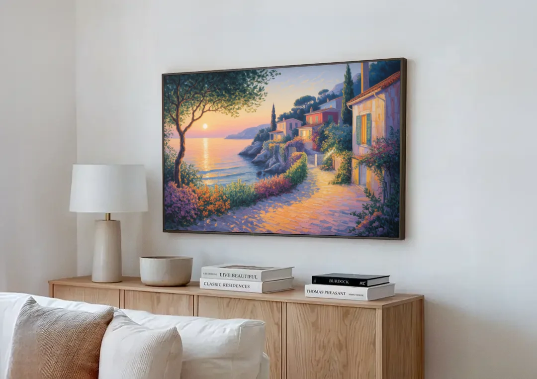 Mediterranean Glow canvas wall art above a wooden sideboard next to a sofa