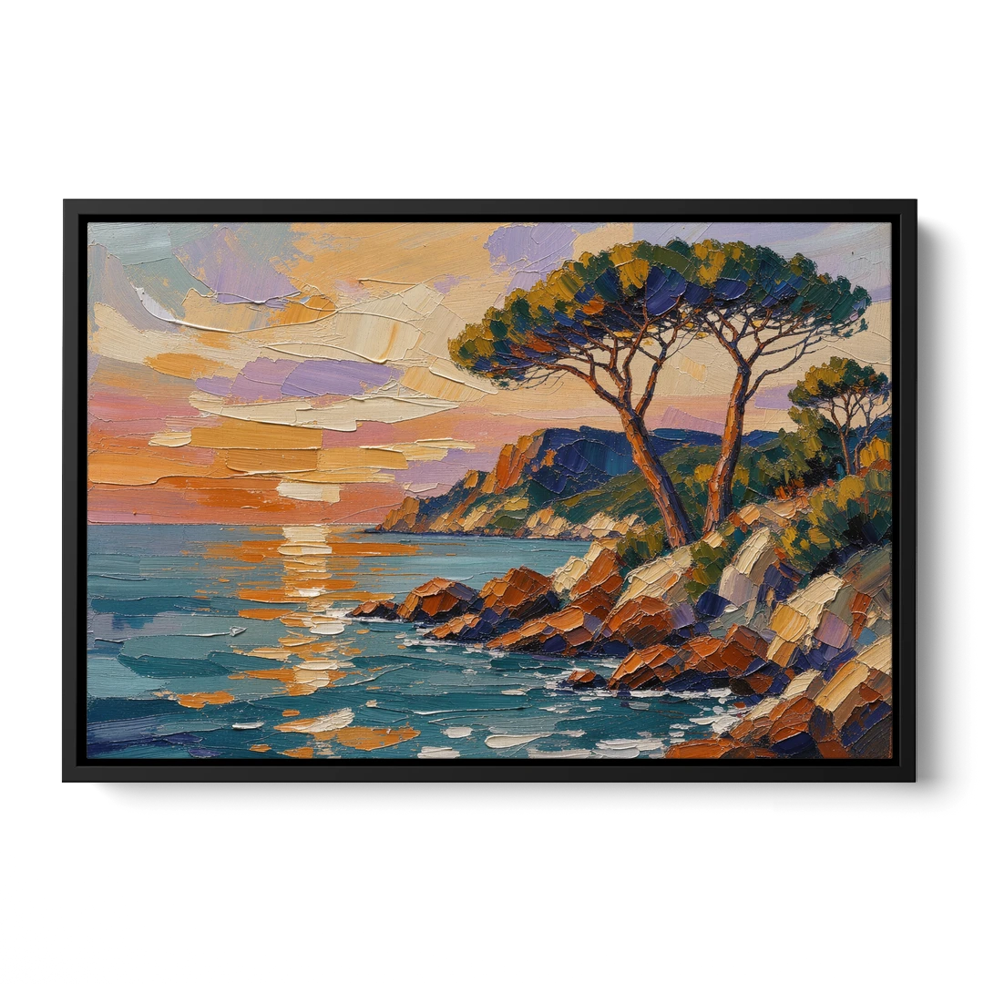 Mediterranean Landscape Painting with Umbrella Pines - Black Framed Canvas Wall Art - Front
