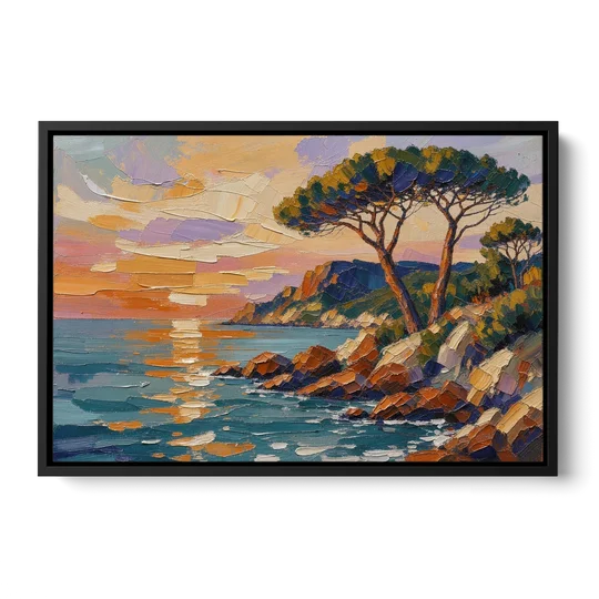 Mediterranean Landscape Painting with Umbrella Pines - Black Framed Canvas Wall Art - Front
