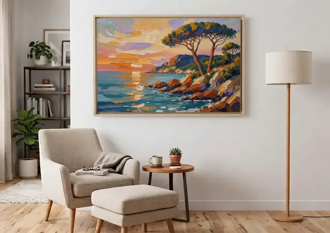 Mediterranean Landscape Painting with Umbrella Pines canvas wall art above an armchair in a bright living room