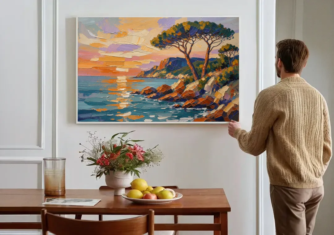 Mediterranean Landscape Painting with Umbrella Pines canvas wall art above a dining table