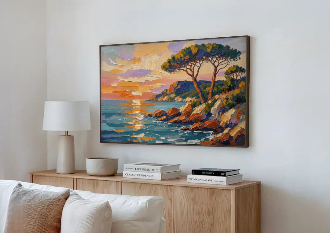 Mediterranean Landscape Painting with Umbrella Pines canvas wall art above a wooden sideboard next to a sofa