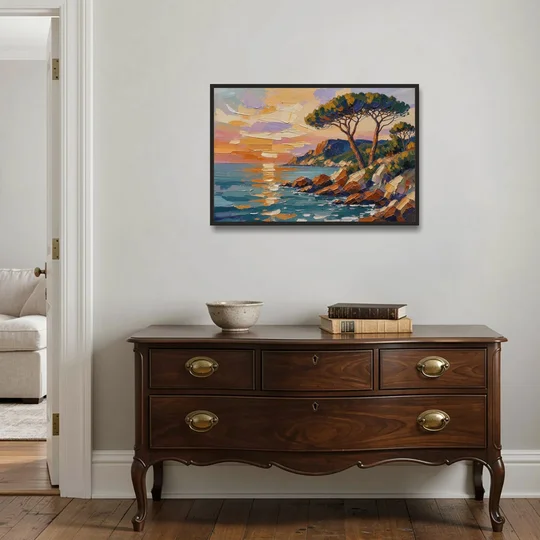Mediterranean Landscape Painting with Umbrella Pines - Black Framed Canvas Wall Art - Coffee Table - 36x24
