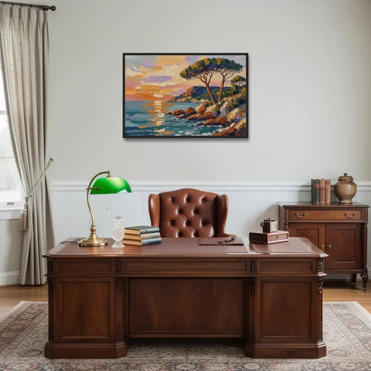 Mediterranean Landscape Painting with Umbrella Pines - Black Framed Canvas Wall Art - Office - 36x24