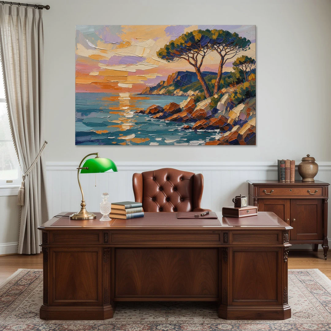 Mediterranean Landscape Painting with Umbrella Pines - Canvas Wall Art - Office - 60x40