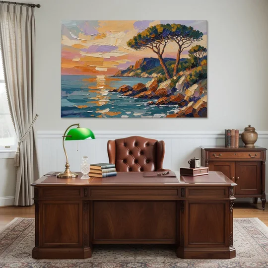 Mediterranean Landscape Painting with Umbrella Pines - Canvas Wall Art - Office - 60x40