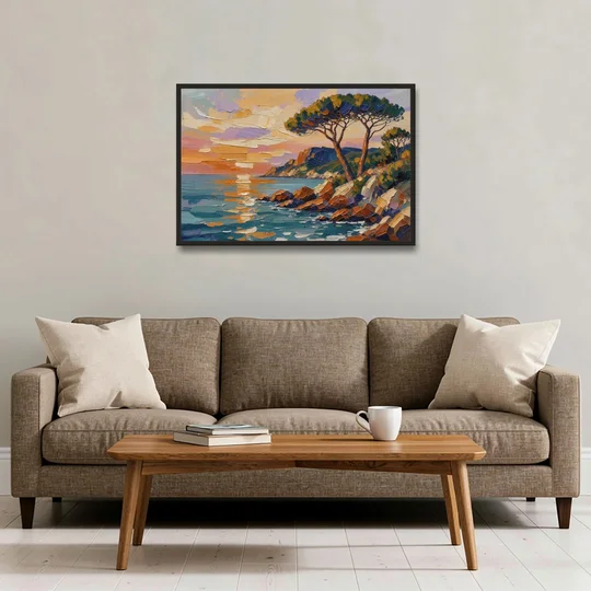 Mediterranean Landscape Painting with Umbrella Pines - Black Framed Canvas Wall Art - Sofa - 36x24