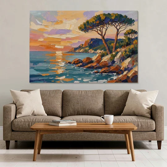 Mediterranean Landscape Painting with Umbrella Pines - Canvas Wall Art - Sofa - 60x40